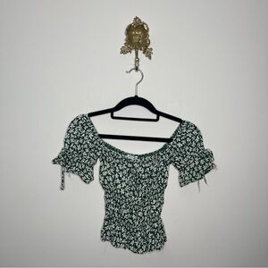 Reformation Green Floral Off-Shoulder Smocked Top